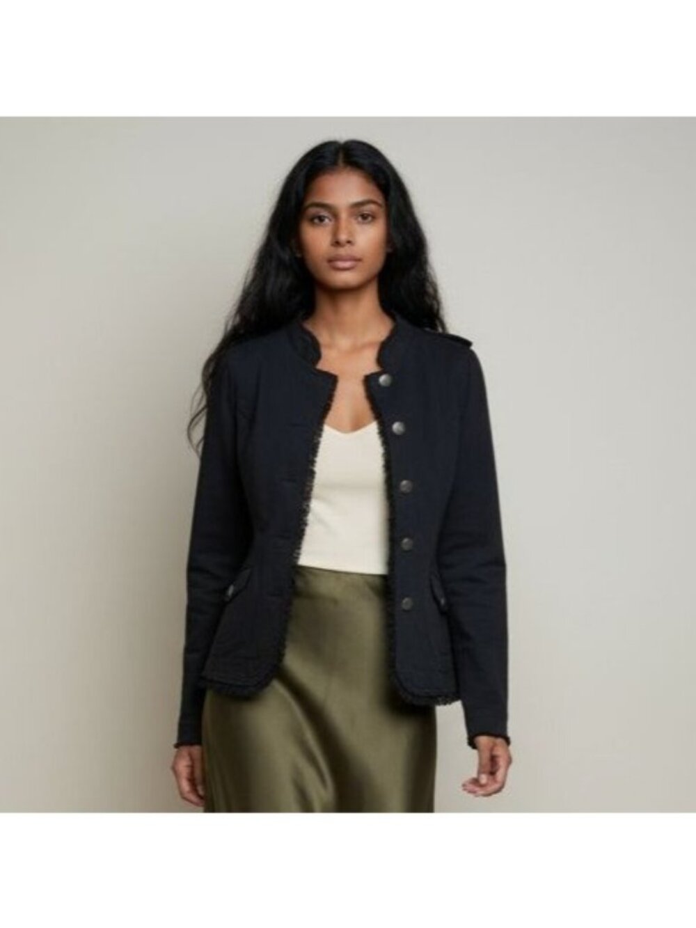 Nick & Mo Black Military Style Button-Front Jacket Frayed Trim Metal Buttons Siz